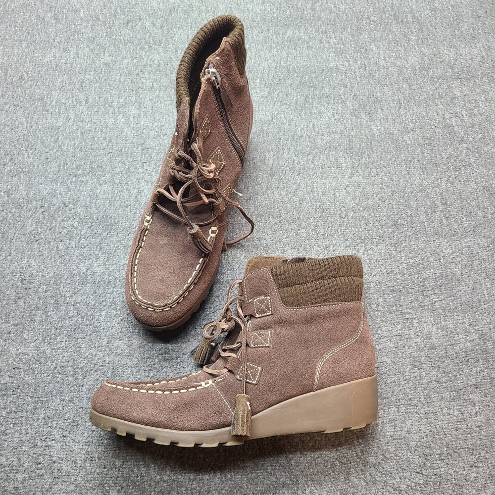 Lands‎ End Suede Wedge Ankle Boots Brown Lace Up Side Zip Knit Collar Women 6